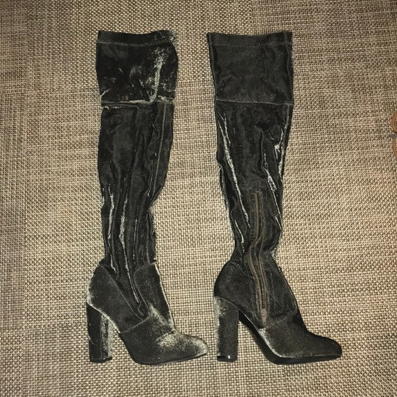 green velvet thigh high boots